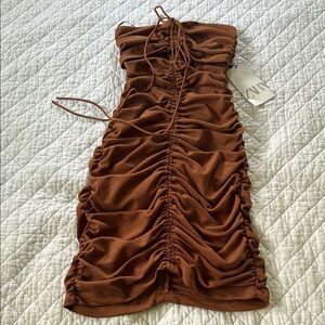 Zara Brown Ruched Halter Bodycon Dress